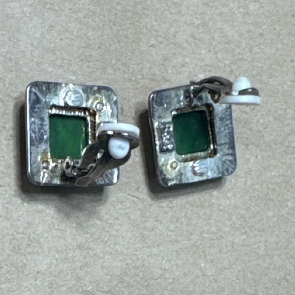 Vintage BEST Clip On Earrings Green Gold Iridescent Glass Square Silver Tone